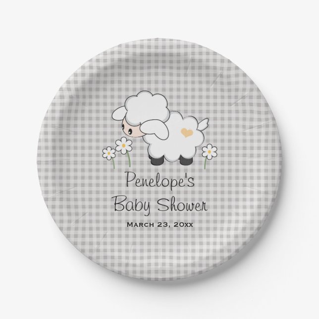 Yellow and Gray Gingham Lamb Baby Dusche Pappteller (Vorderseite)