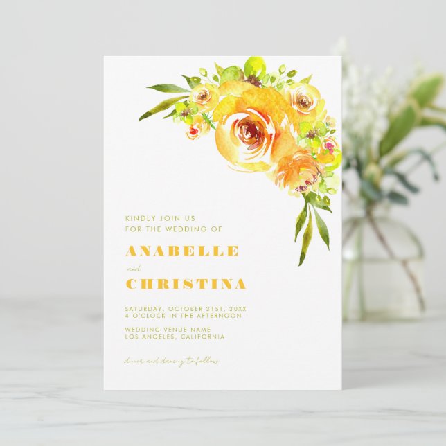 Yellow and Green Watercolor Floral Garden Wedding Einladung (Stehend Vorderseite)