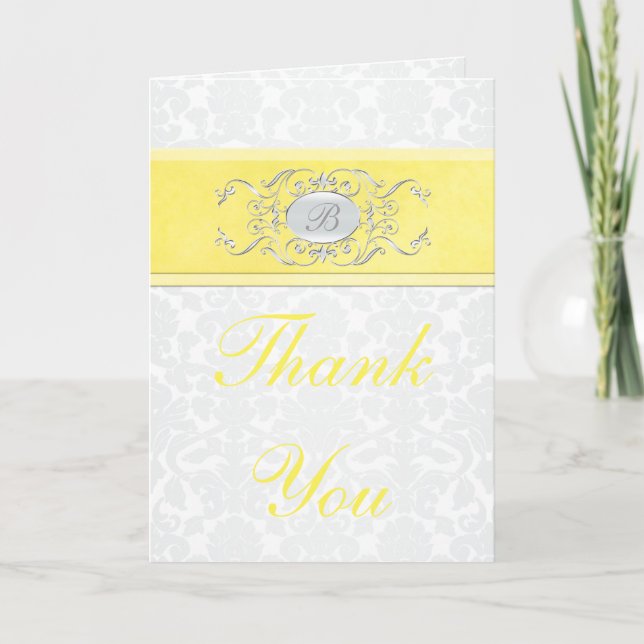 Yellow and Grey Damask Danke, Card Dankeskarte (Vorderseite)