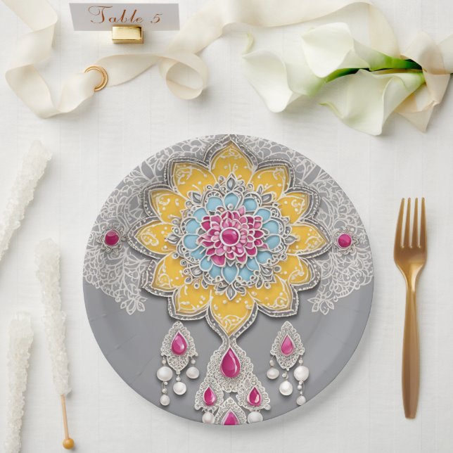 Yellow and grey floral patterns AI art  Pappteller (Hochzeit)