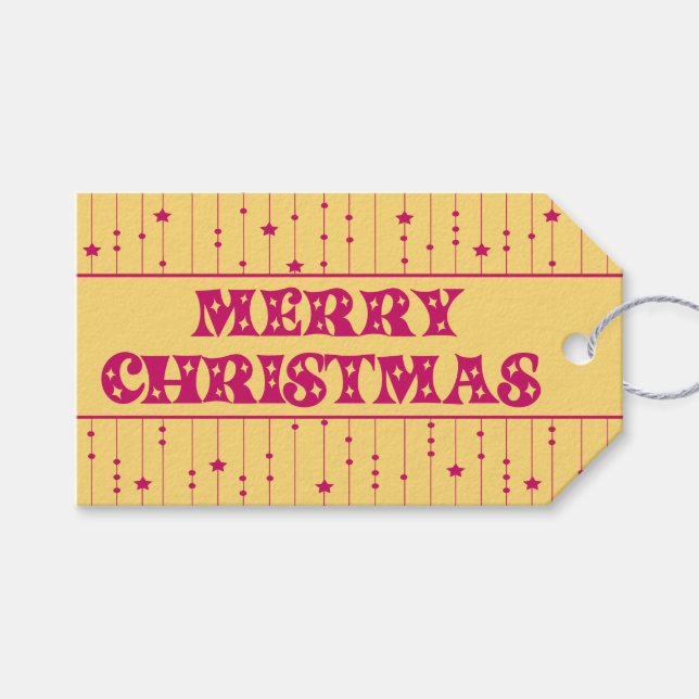 Yellow and Magenta Bright Stars Merry Christmas Geschenkanhänger (Vorderseite (Horizontal))