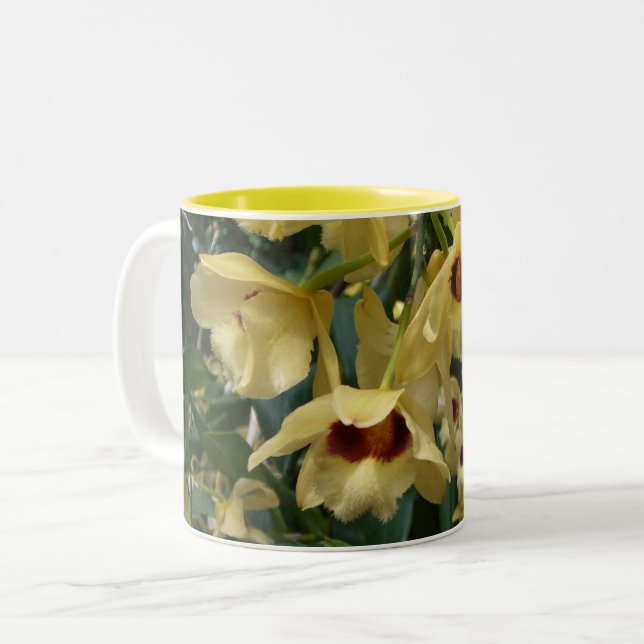 Yellow and Maroon Orchids Elegante Zweifarbige Tasse (Vorderseite Links)