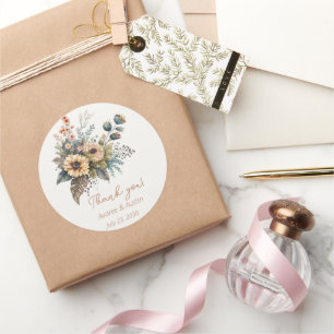 Yellow and Peach Floral Wedding Vielen Dank Runder Aufkleber