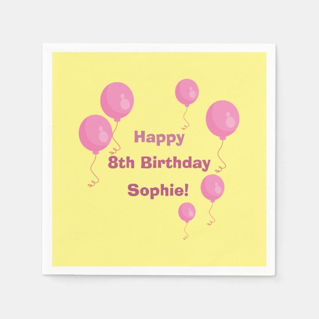 Yellow and Pink Balloon Girl Birthday Party Napkin Serviette (Vorderseite)