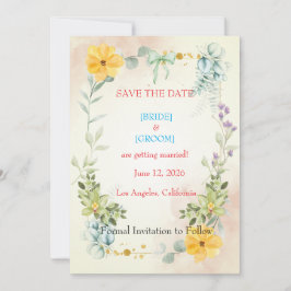 Yellow and Pink Floral Save the Date Card