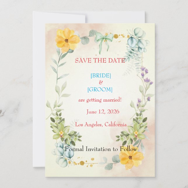 Yellow and Pink Floral Save the Date Card (Vorderseite)