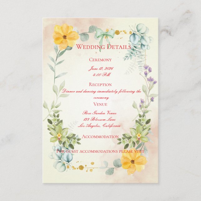 Yellow and Pink Floral Wedding Enclosure Card Begleitkarte (Vorderseite)