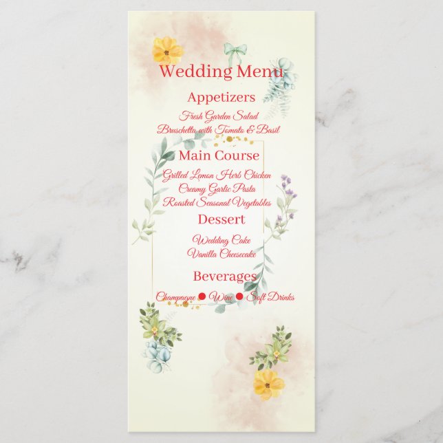 Yellow and Pink Floral Wedding Menu Card Menükarte (Vorderseite)