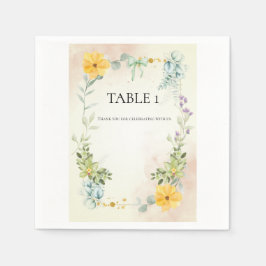 Yellow and Pink Floral Wedding Table Number Serviette