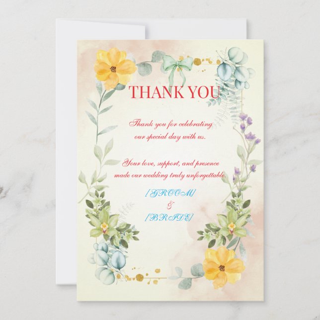 Yellow and Pink Floral Wedding Thank You Card Dankeskarte (Vorderseite)