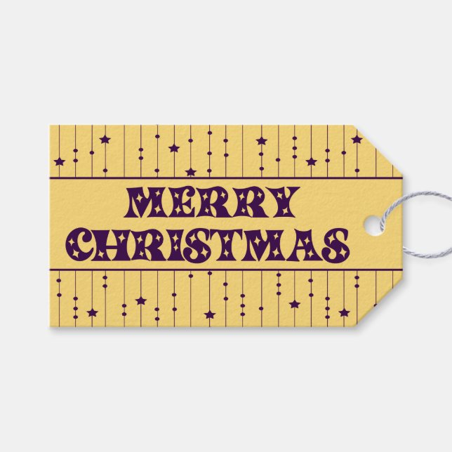 Yellow and Purple Bright Stars Merry Christmas Geschenkanhänger (Vorderseite (Horizontal))