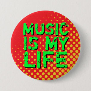 Yellow and Red Retro Halftone I Liebe Music Button
