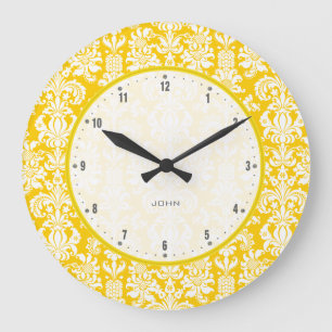 Yellow And White Vintage Floral Damasks 4 Große Wanduhr