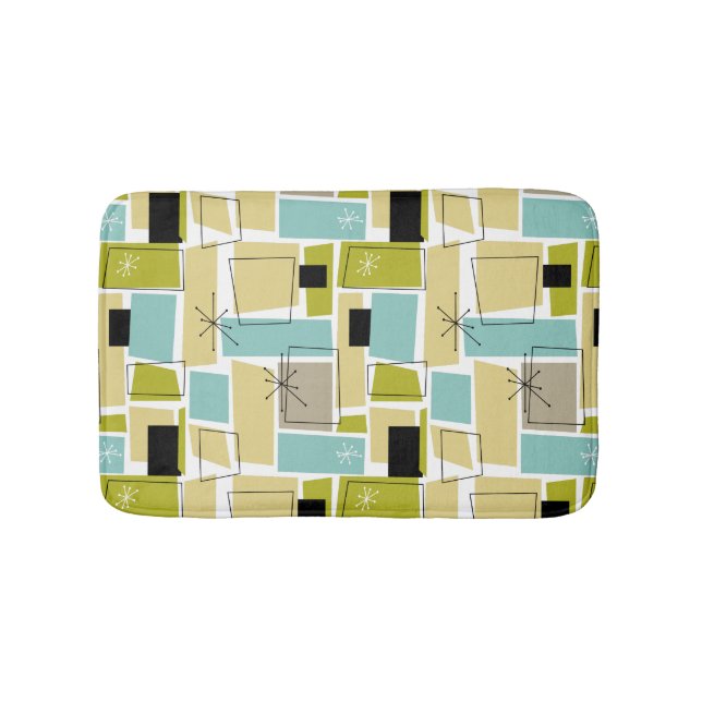 Yellow Aqua Blue Green Funky Squares Mitte Jahrhun Badematte (Vorderseite)