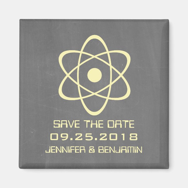 Yellow Atomic Chalkboard Save the Date Magnet (Vorne)