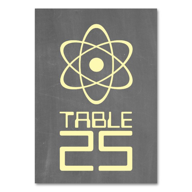 Yellow Atomic Chalkboard Table Card Tischnummer (Vorderseite)