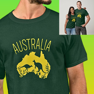 Yellow Australia Karte mit Kangaroos auf Dunkelgrü T-Shirt