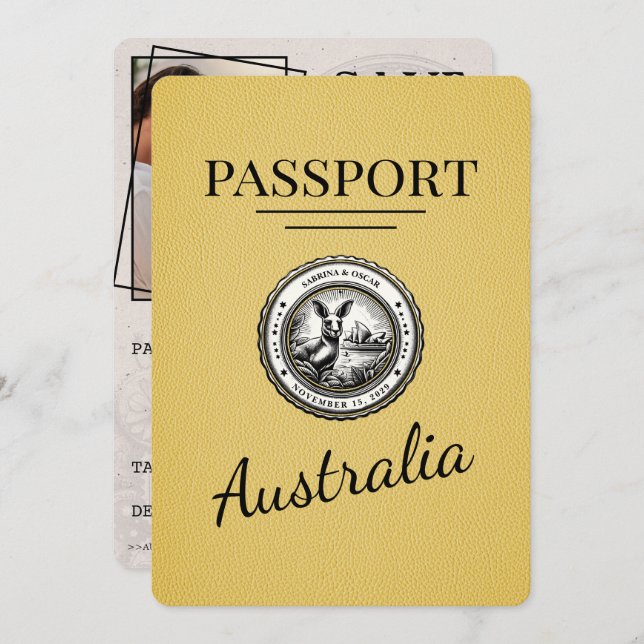 Yellow Australia Passport Save the Date (Vorne/Hinten)