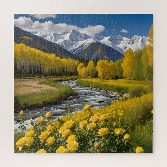 Yellow Autumn Snowy Mountains Aspen River Puzzle (Vertikal)