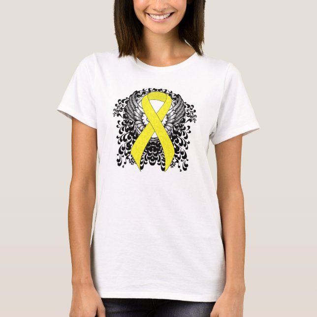 Yellow Awareness Ribbon Angel Wings T-Shirt (Vorderseite)