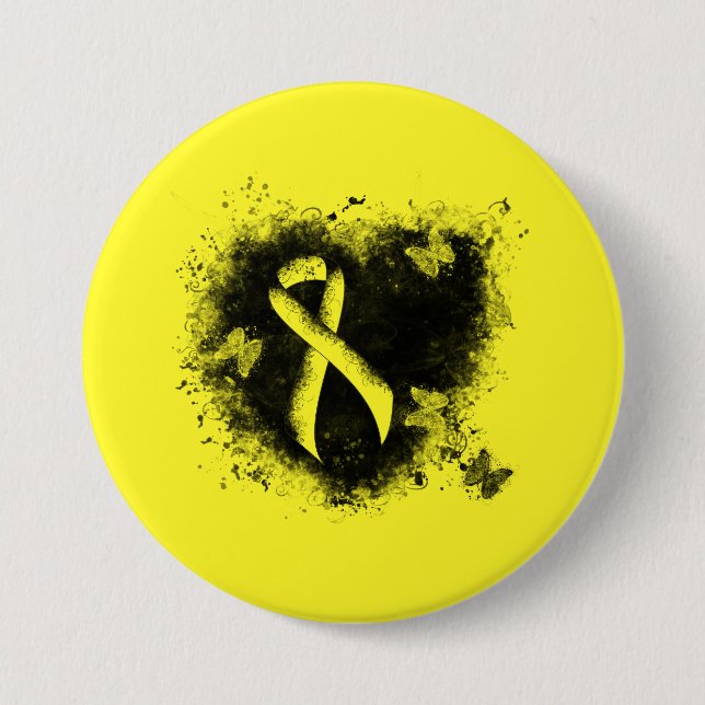 Yellow Awareness Ribbon Grunge Herz Button (Vorderseite)