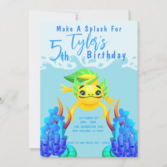 Yellow Axolotl Boy Underwater Aqua Birthday Party Einladung (Vorderseite)