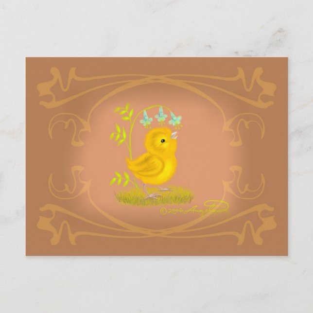 Yellow Baby Chick mit Bluebell Blume Postcard Postkarte (Vorderseite)