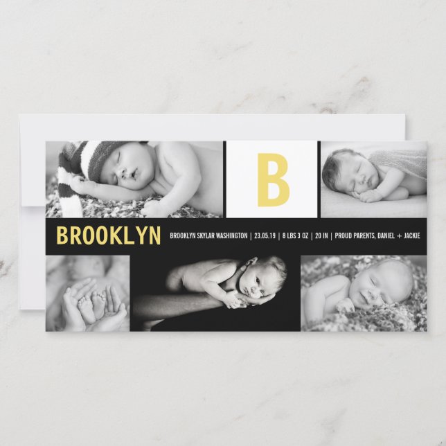 Yellow Baby Monogram 5 Foto Collage Moderne Geburt Ankündigung (Vorderseite)
