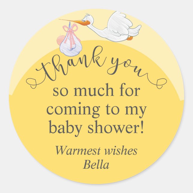 Yellow Baby Shower Storch Vielen Dank Sticker (Vorderseite)