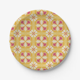 yellow back & symmetrical pink floral pattern  pappteller