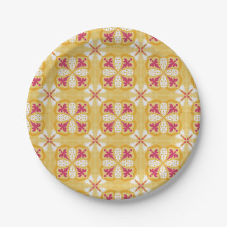yellow back & symmetrical pink floral pattern  pappteller