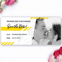 Yellow Beach Boarding Pass Wedding Save the Date Magnetkarte
