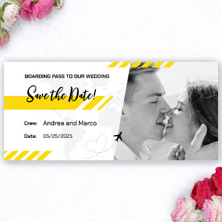 Yellow Beach Boarding Pass Wedding Save the Date Magnetkarte