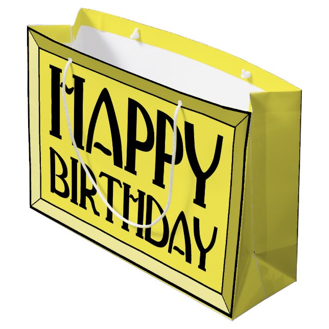 Yellow Beveled Happy Birthday Art Deco Große Geschenktüte (Rückseite Schrägansicht)