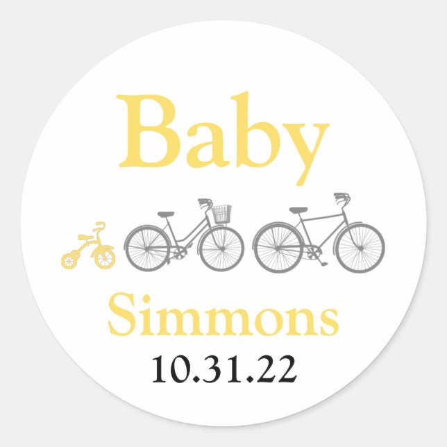 Yellow Bicycle Baby Shower Runder Aufkleber (Vorderseite)