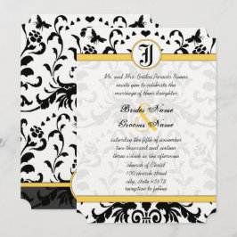 Yellow Black Bubble Bee Damask Wedite Einladung