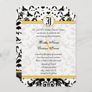 Yellow Black Bubble Bee Damask Wedite Einladung