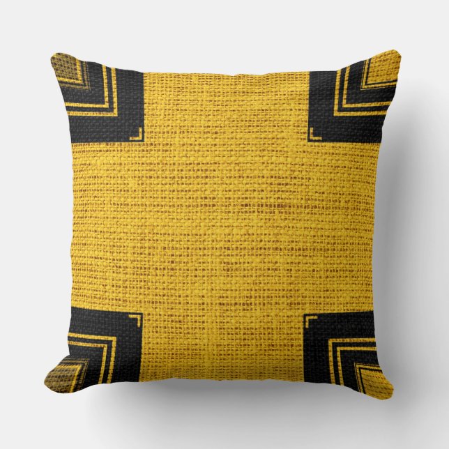 Yellow Black Burlap Linen Rustic Jute Kissen (Vorderseite)
