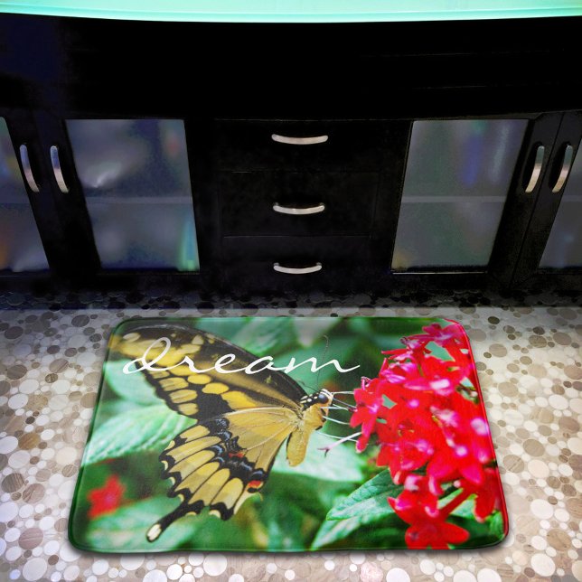 Yellow Black Butterfly Fotografy Dream Script Badematte (Von Creator hochgeladen)