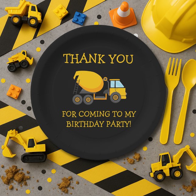 Yellow Black Cement Truck Kind's Birthday Dank Pappteller (Construction birthday party paper plate)