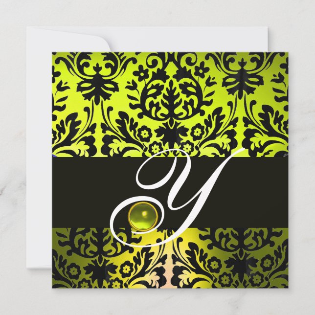YELLOW BLACK DAMASK MONOGRAM TOPAZ EINLADUNG (Vorderseite)
