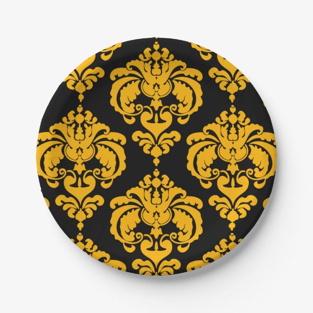 Yellow Black Damask Vintage Wedding Event Party Pappteller (Vorderseite)