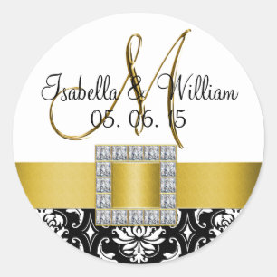 Yellow Black Damask Wedding Favor Sticker
