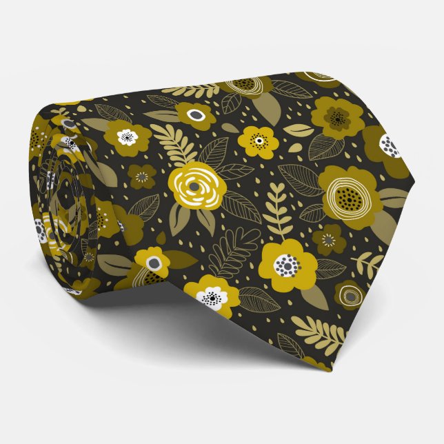 Yellow black elegant ditsy floral pattern krawatte (Gerollt)