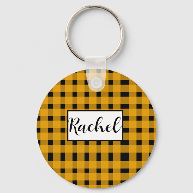 Yellow Black Gingham Personalisiert Schlüsselanhänger (Vorderseite)