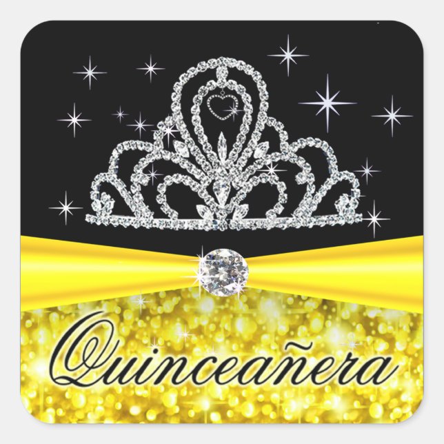 Yellow Black Princess Tiara Quinceanera Bling Quadratischer Aufkleber (Vorderseite)