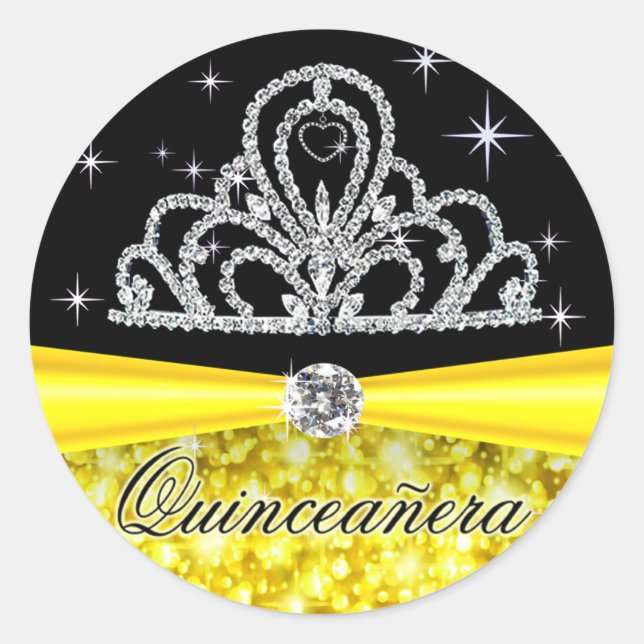 Yellow Black Princess Tiara Quinceanera Bling Runder Aufkleber (Vorderseite)