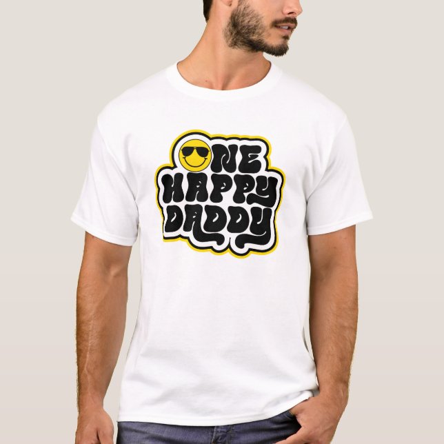 Yellow Black Retro One Happy Daddy T-Shirt (Vorderseite)