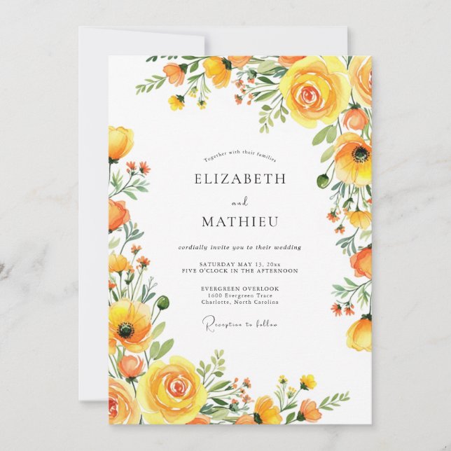 Yellow Bloom Romance Wedding Einladung (Vorderseite)