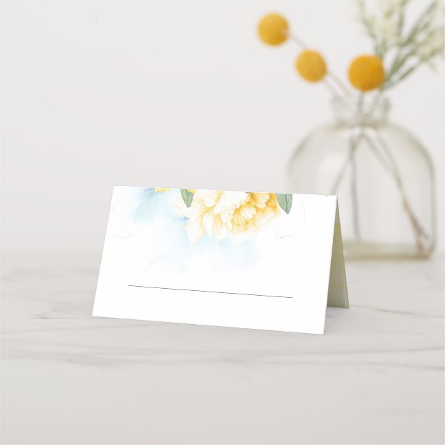 Yellow Blossom Dusty Blue Wedding Platzkarte (Vorderseite)